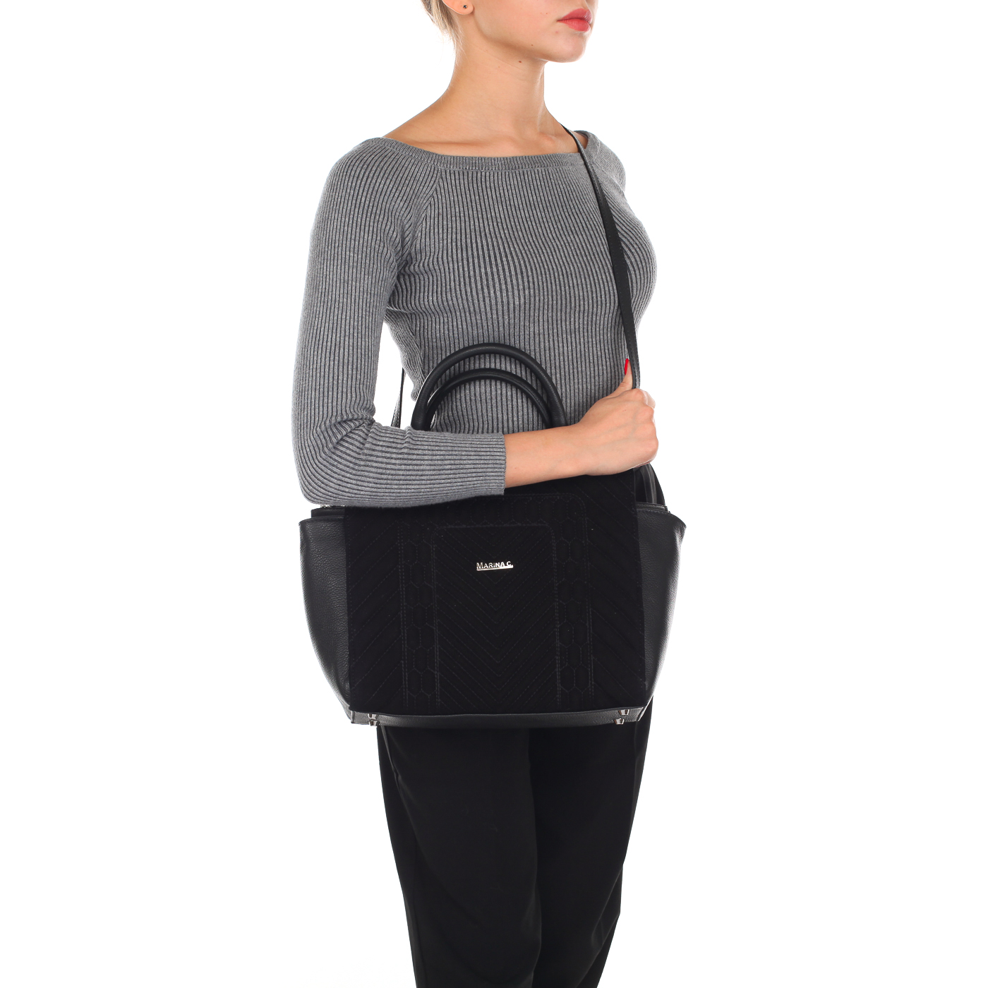 Вместительная стеганая сумка из натуральной кожи и замши Marina Creazioni 