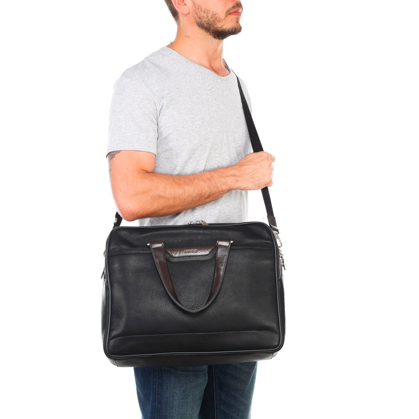 Мужская деловая сумка из черной кожи с отделением для ноутбука Stevens 